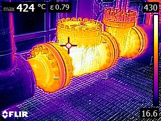 Industrial insulation survey, uninsulated valves through an infrared camera